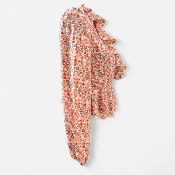 Ditzy floral blouse peplum barrel long sleeve deep-v neckline in Orange - Picture 6 of 9